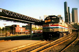 Last run of Pioneer, complete with sad face, leaves Seattle, May 10, 1997. Copyright Warren Yee, used by permission.